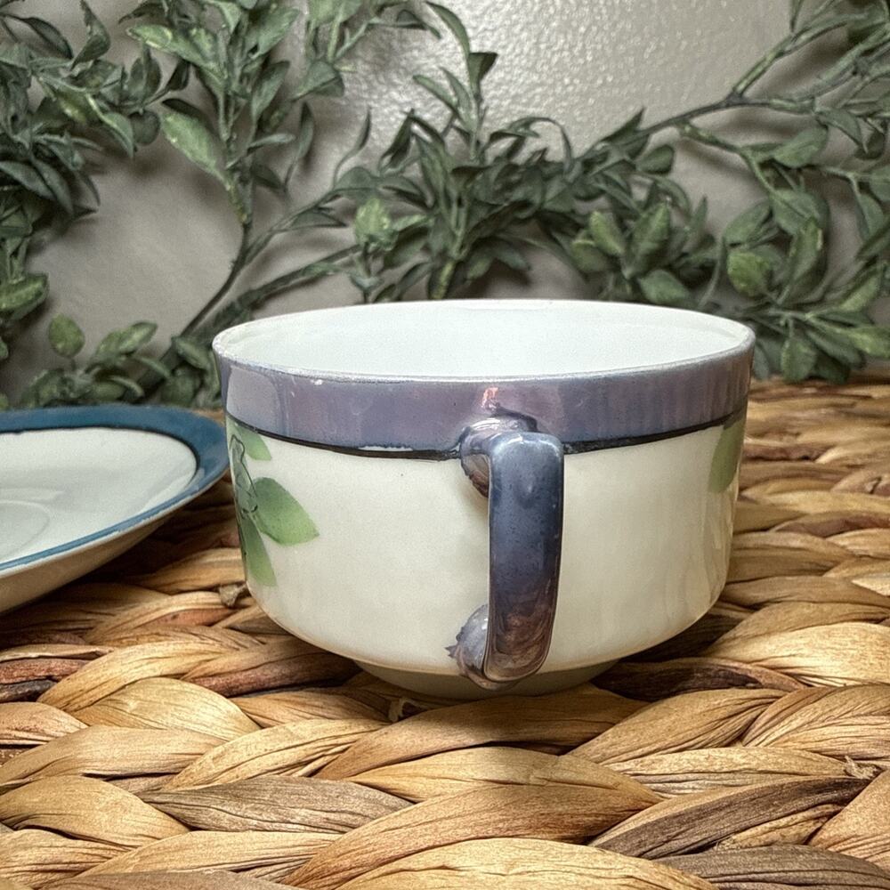 Japanese Lusterware Teacup & Saucer Set Handpainted Blue w/ Flowers Vintage - Picture 11 of 12